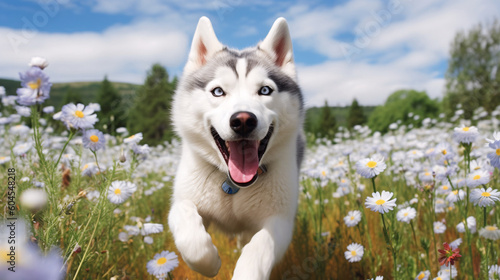 A joyful Siberian Husky  captured mid-leap in a lush field of wildflowers during spring made with Generative AI