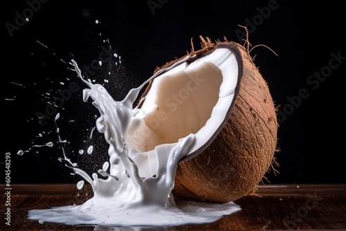 Coconut with coconut milk pouring out on black background. AI generated photo