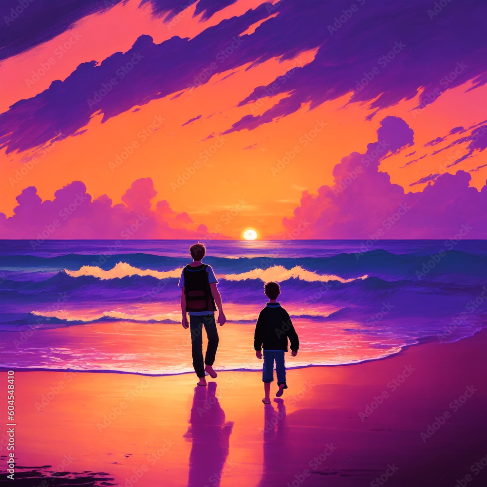 A painting of two people walking on a beach with the sun setting behind them.