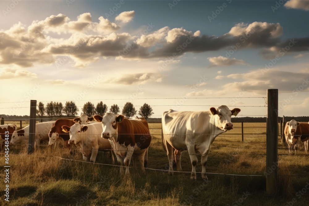 A peaceful meadow filled with dairy and beef cows grazing under the sunny sky. The idyllic scenery of a sustainable and organic farm, in perfect harmony with the natural environment. Generative AI. A peaceful meadow filled with dairy and beef cows grazing under the sunny sky. The idyllic scenery of a sustainable and organic farm, in perfect harmony with the natural environment. Generative AI.