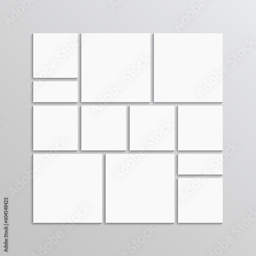 Portfolio images mockup. Mosaic picture frame. Photo collage square layout. Mood board background. Moodboard template. Scrapbook grid. Album brandboard. Gallery banner. Vector illustration