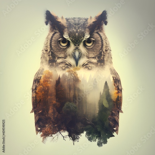 "Enigmatic Fusion: The Double Exposure Owl's Wisdom in Layers" | Creative Design | Illustration | AI Generated Artwork