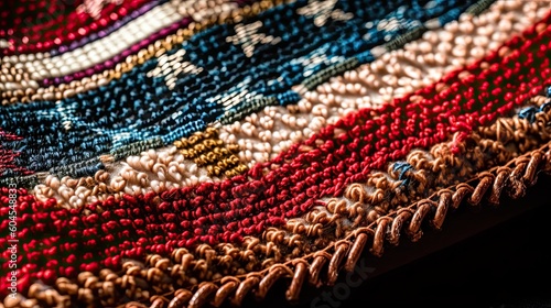 American flag day. Macro photograph of a detailed section of the American flag, emphasizing the intricate stitching and vibrant colors. Generative ai