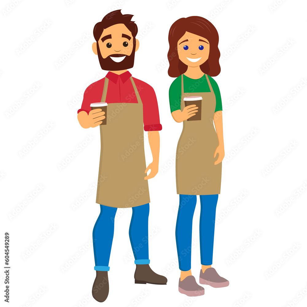 Baristas giving coffee to go. Young man and woman with an aprons. Character Illustration on transparent background Baristas giving coffee to go. Young man and woman with an aprons. Character Illustration on transparent background