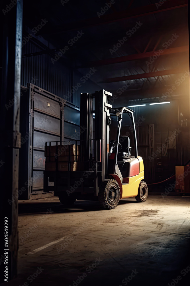 Forklift truck in warehouse. Copy space. Generative AI. 4