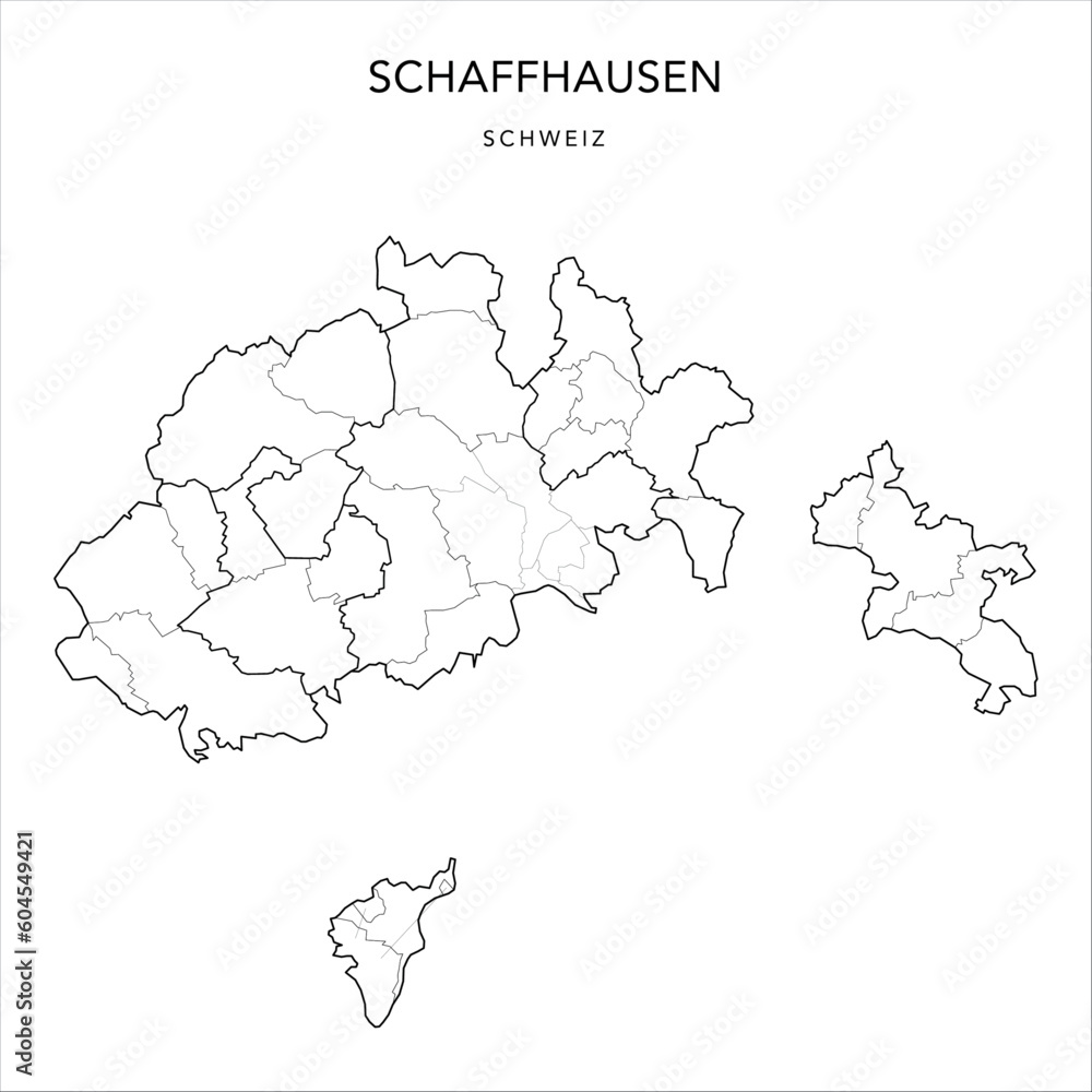 Administrative Vector Map of the Canton of Schaffhouse (Schaffhausen) with Borders of Former Districts (Bezirke), Municipalities (Gemeinde) and Quarters of Schaffhausen as of 2023 - Switzerland
