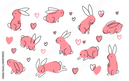 Set of Easter bunny in simple one line style. Colored Rabbit icon. line drawing of easter rabbit black and white minimalist hand drawn vector illustration. Isolated on white background.