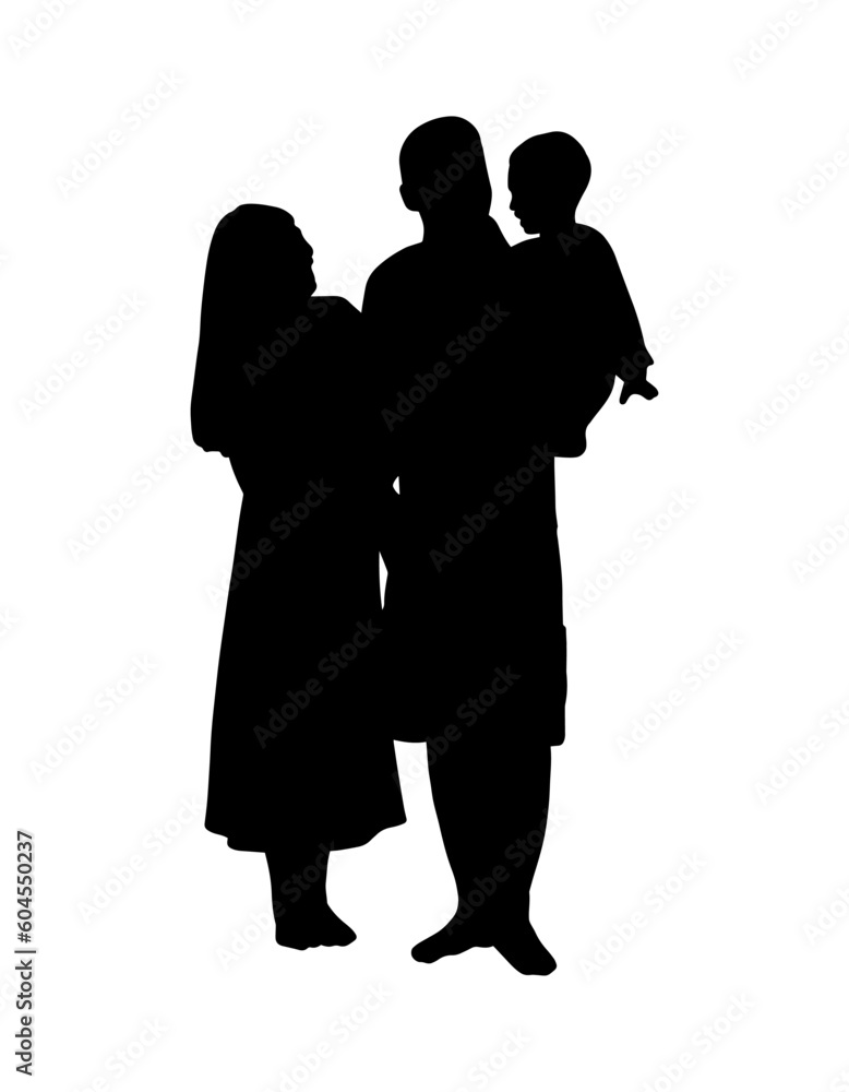 Family shadow shape isolated vector sign. Black silhouette of couple with baby. Simple icon.