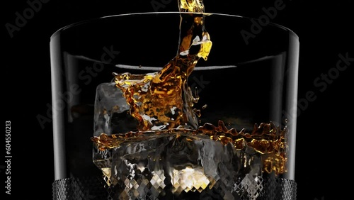 Alcohol is poured into a glass with ice. Glass with ice and whiskey close-up. Slow motion shot of pouring whiskey or rum into a glass with ice