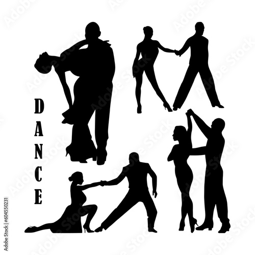 Latin dance couple set, graphic shadow silhouette icon, simple isolated person dancing, music party logo design element, sensual elegant pictogram print template, classic rumba or tango performance.