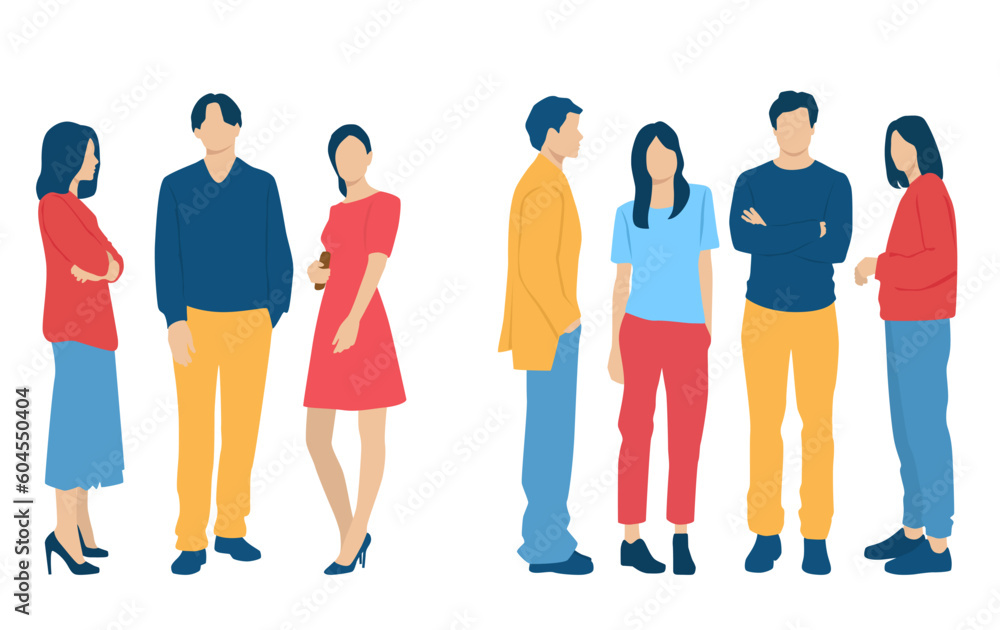 Set of young men and women, different colors, cartoon character, group of silhouettes of standing business people, students, the design concept of flat icon, isolated on white background Set of young men and women, different colors, cartoon character, group of silhouettes of standing business people, students, the design concept of flat icon, isolated on white background