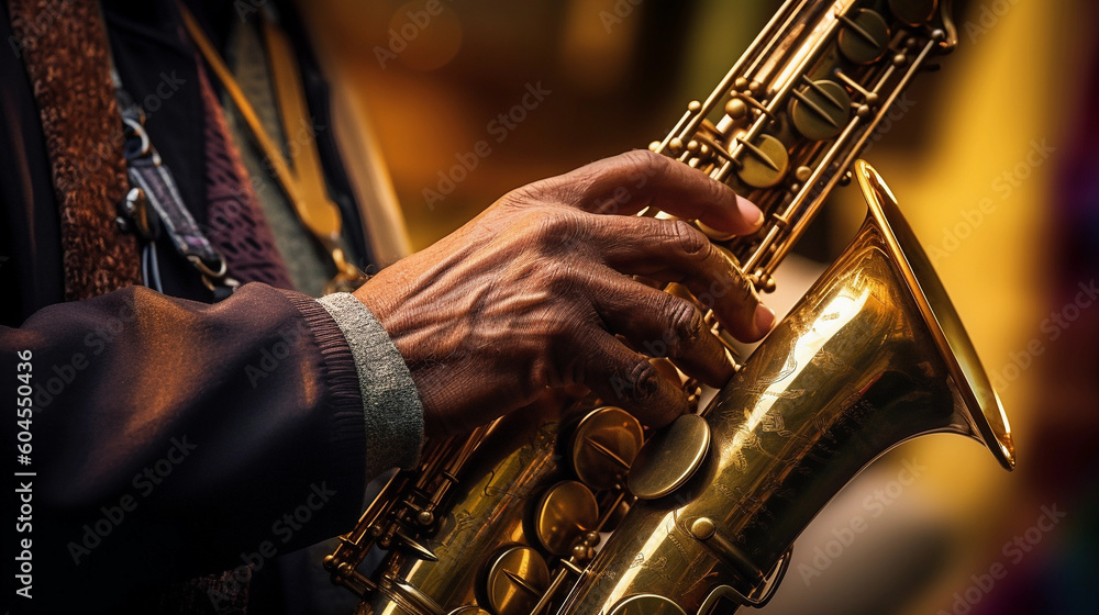 Concert view of saxophonist, a saxophone sax player  during jazz orchestra show performing music on stage in the scene lights. Generated AI. - obrazy, fototapety, plakaty 