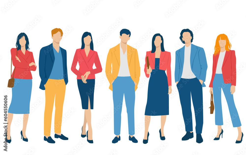Set of young men and women, different colors, cartoon character, group of silhouettes of standing business people, students, the design concept of flat icon, isolated on white background Set of young men and women, different colors, cartoon character, group of silhouettes of standing business people, students, the design concept of flat icon, isolated on white background