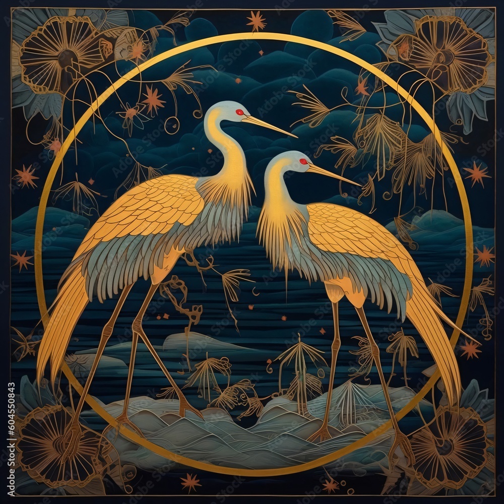 Fototapeta premium two cranes in the style of a kimono, generative ai