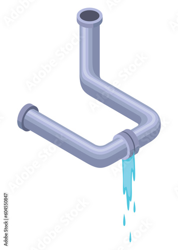 Leaking pipes isometric. Broken pipe tube with leaking water. Plumbing construction pipeline with damage element. 3d industrial water system
