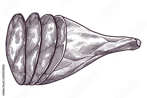Hand drawn jamon. Gourmet meat. Isolated delicious engraving sketch. Dry cured farm natural product. Pork slices in black and white drawing. Vector restaurant menu element illustration