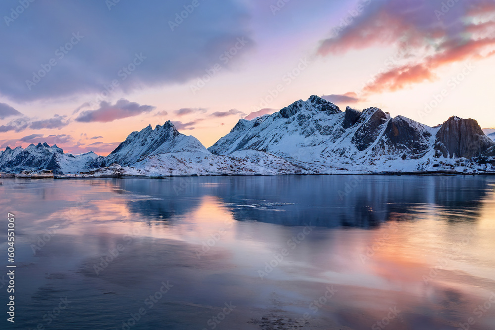Magical evening in Lofoten. North fjords with mountains landscape. scenic photo of winter mountains and vivid colorful sky.