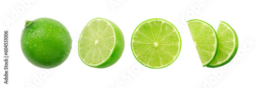 Lime has water drop with slice collection isolated on white background.