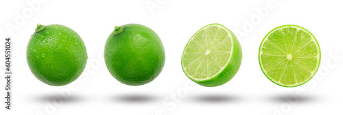 Flying lime with slice collection isolated on white background.