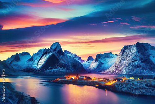 Magical evening in Lofoten. North fjords with mountains landscape. scenic photo of winter mountains and vivid colorful sky.