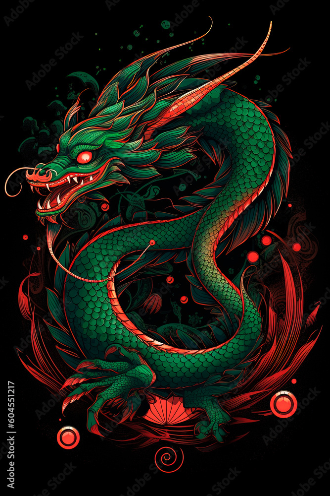 A green and red dragon on a black background. Generative AI A green and red dragon on a black background. Generative AI