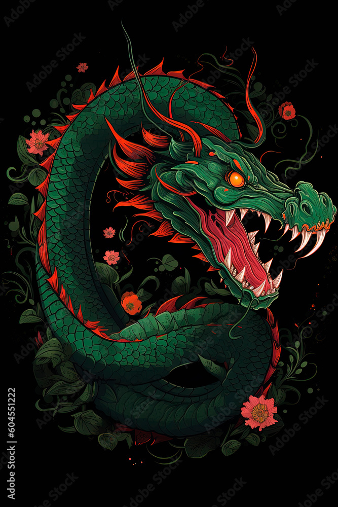 A green and red dragon on a black background. Generative AI
