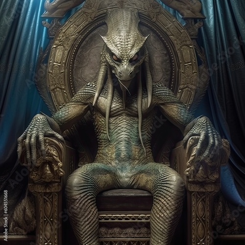 Alien pharaoh on a throne ruling. Generative AI