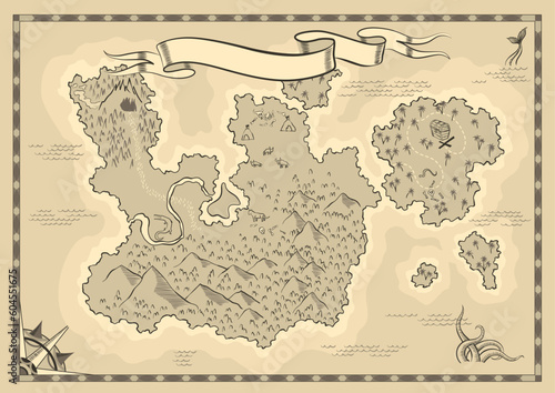 Old antique treasure map. Cartoon island map template for next level game - adventures quest or treasure hunt. Pirate grunge map. Hand drawn vintage vector illustration