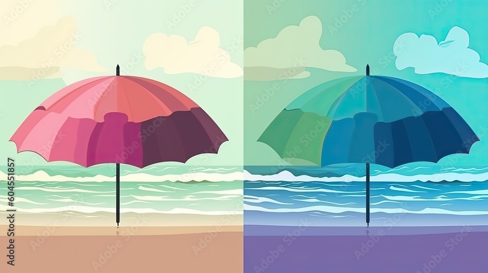 Two umbrellas on the beach. Generative AI
