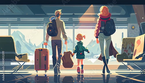 A traveling family at the airport. Generative AI photo