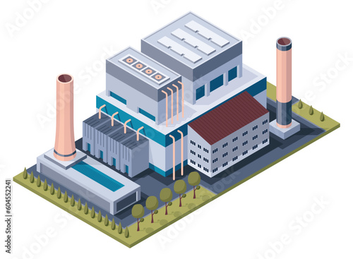 Factory isometric. Architecture of manufactures building. Concept of industrial working plant with chimney tower or pipes. 3d isolated icon