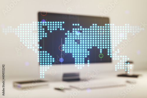 Double exposure of abstract digital world map on computer background, big data and blockchain concept