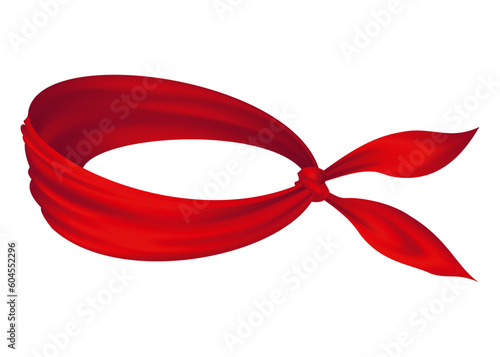 Red realistic bandana on neck. Youth fashion neck scarf or cowboy garment element template. Biker face scarf, bandanna neck shawl. Blank handkerchief unisex uniform. Western clothes