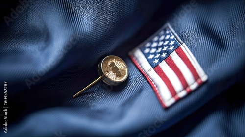 American flag day. Macro photograph of a american flag pin attached to a piece of clothing, emphasizing individual expressions of patriotism. Generative ai