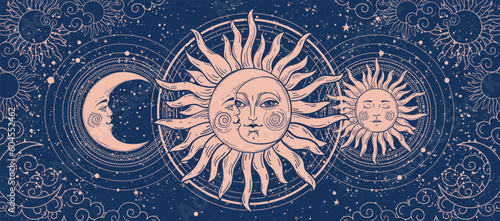Magic astrology banner, tarot background. Crescent moon and sun with a face on a blue background with stars. Esoteric vector illustration, mystical pattern.