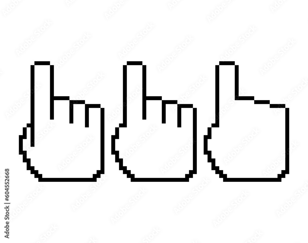 Set of finger pixel icon, web cursor click mouse symbol, computer pointer vector illustration