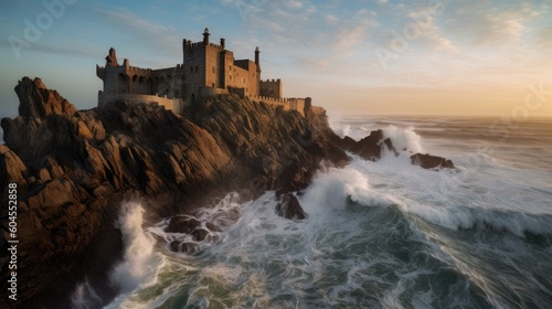 A castle nestled on the shore of the sea, surrounded by natural beauty and tranquility