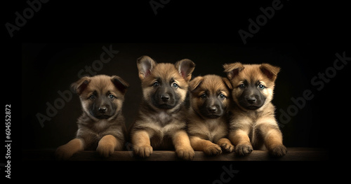 Litter Puppies in studio  portrait of cute puppy litter in a row on dark background  pets dogs concept  adorable dog copy space