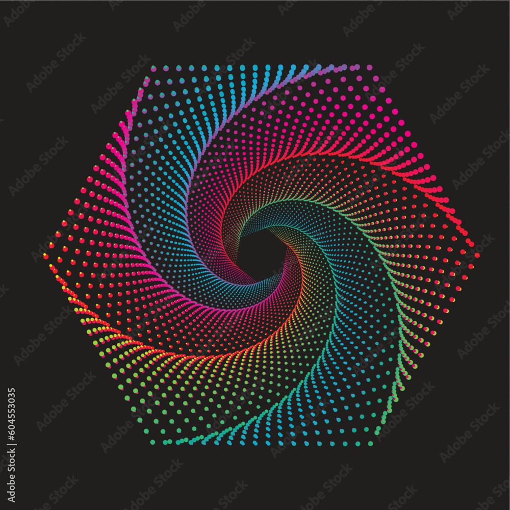 abstract pentagon with halftone dots design. Vector illustration of the colorful dotted hexagon swirl on a black background. Beautiful spiral vortex dots. - obrazy, fototapety, plakaty 