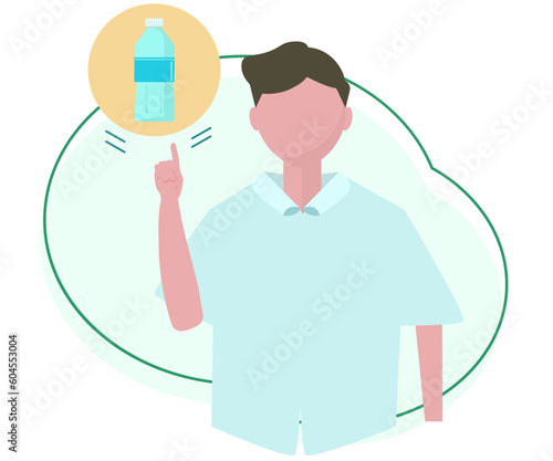 水分補給を勧める男性。水、熱中症対策、熱中症予防。ベクターイラスト