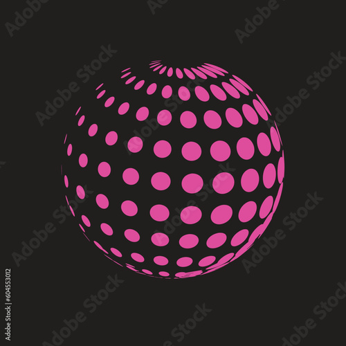 Illustration of a circle with pink dots on black background. Abstract halftone globe design.
