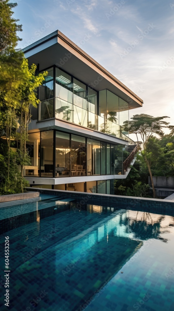 Fototapeta premium Crystal Clear Waters and Architectural Marvels: The Modern Glass House with a Pool