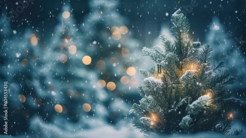 Winter Christmas trees and pine trees in bright decorative lights of garlands and bokeh. New Year background. Festive seasonal Christmas bright background. Holiday poster and banner. generative ai