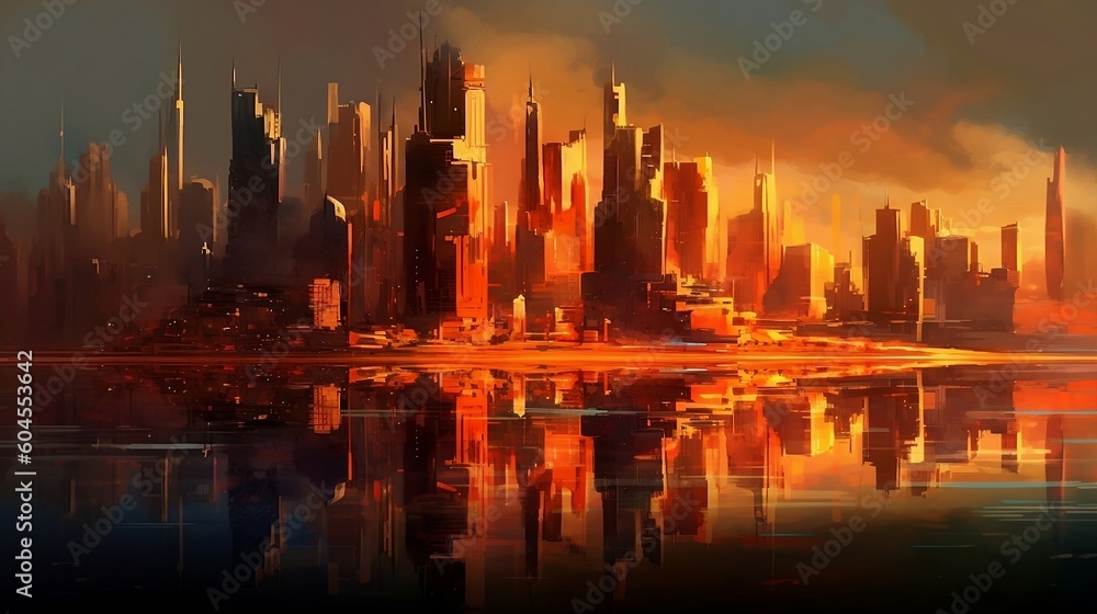 a futuristic cityscape bathed in the warm glow of sunset, illusration, Landscape, Generative AI
