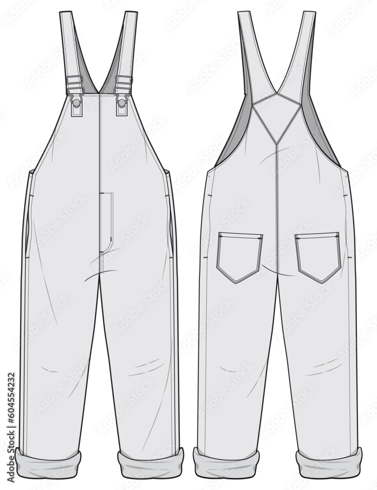 Dungarees Jumpsuit Front and Back View. Fashion Illustration, Vector ...