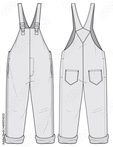 Dungarees Jumpsuit Front and Back View. Fashion Illustration, Vector, CAD, Technical Drawing, Flat Drawing, Template, Mockup.