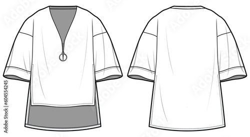 Black Long Oversized V-Neck Top Front and Back View. Fashion Illustration, Vector, CAD, Technical Drawing, Flat Drawing, Template, Mockup.
