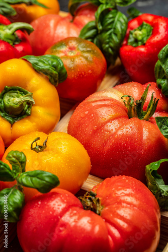 fresh tomatoes, pepper and basil. Healthy food. Gardening. top view © Надія Коваль