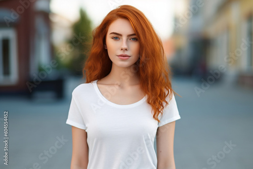 Portrait of a young woman with rich red color hair in the city. High quality photo Generative AI