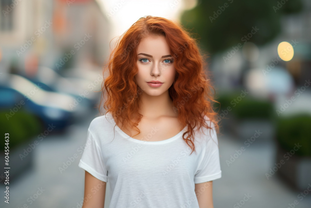 Portrait of a young woman with rich red color hair in the city. High quality photo Generative AI Portrait of a young woman with rich red color hair in the city. High quality photo Generative AI
